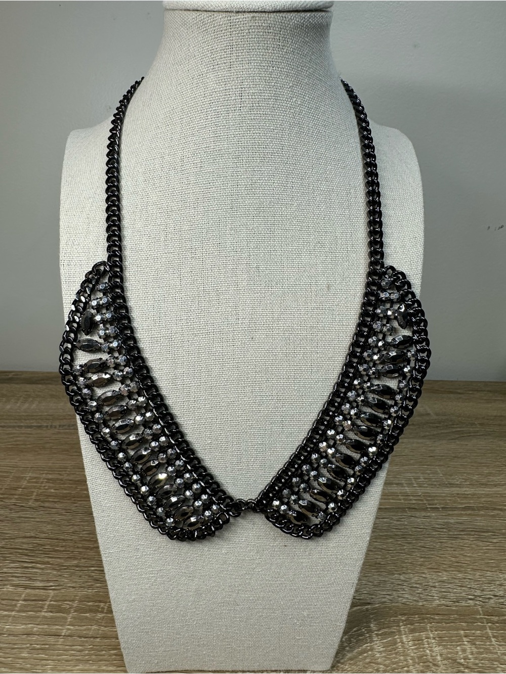 LOFT Gunmetal Statement Necklace 1920s Flapper Style Hermatite Rhinestone Collar